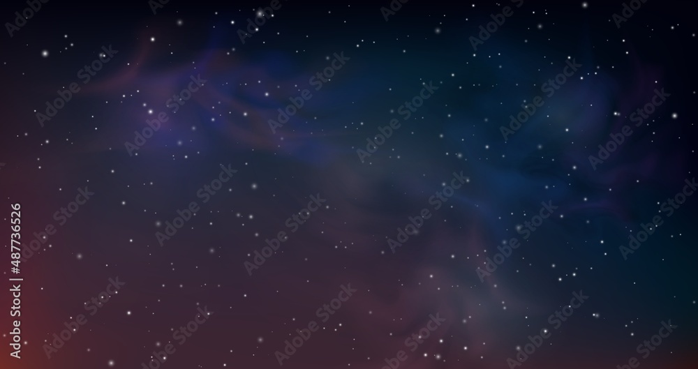 Realistic night background with clear dark sky and shining star. Space universe with milky way galaxy. Abstract cosmos starry vector texture
