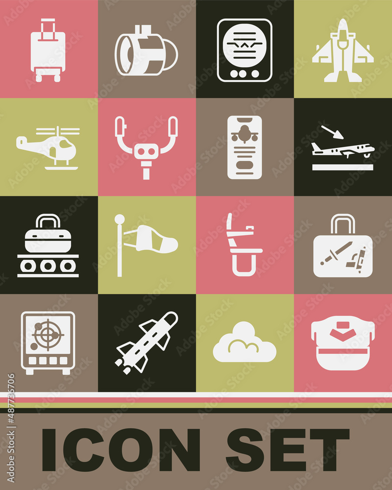 Set Pilot hat, Suitcase, Plane landing, Attitude indicator, Aircraft steering helm, Helicopter, and Mobile with ticket icon. Vector Set Pilot hat, Suitcase, Plane landing, Attitude indicator, Aircraft steering helm, Helicopter, and Mobile with ticket icon. Vector