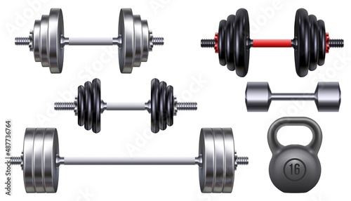 Realistic metal dumbbells, kettlebell and barbell for gym weight training. 3d fitness and bodybuilding exercise iron equipment vector set
