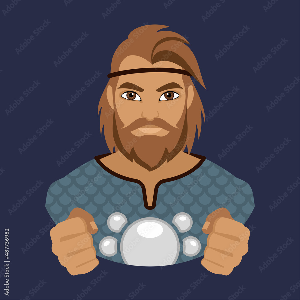 Bogatyr. Avatar of a bearded man in chain mail holds his hands in fists. Historical military costumes. Flat illustration.
