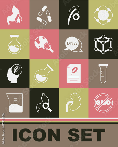Set No GMO, Test tube and flask, Molecule, Leaf or leaves, Magnifying glass with globe, Stomach heartburn and DNA symbol icon. Vector