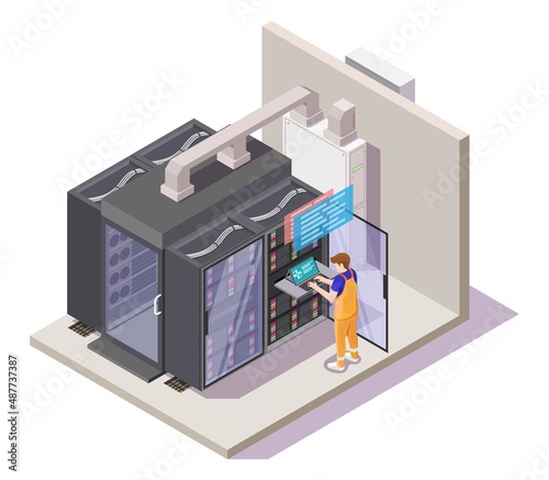 Data center or server room with server racks, technician performing diagnostic test, flat vector isometric illustration.