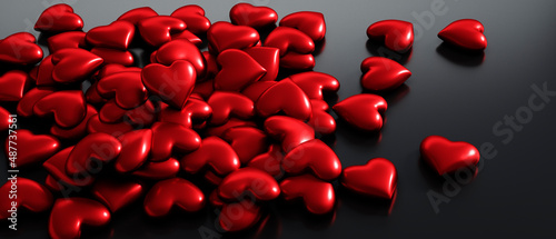 Pile of red hearts on dark background - 3D illustration