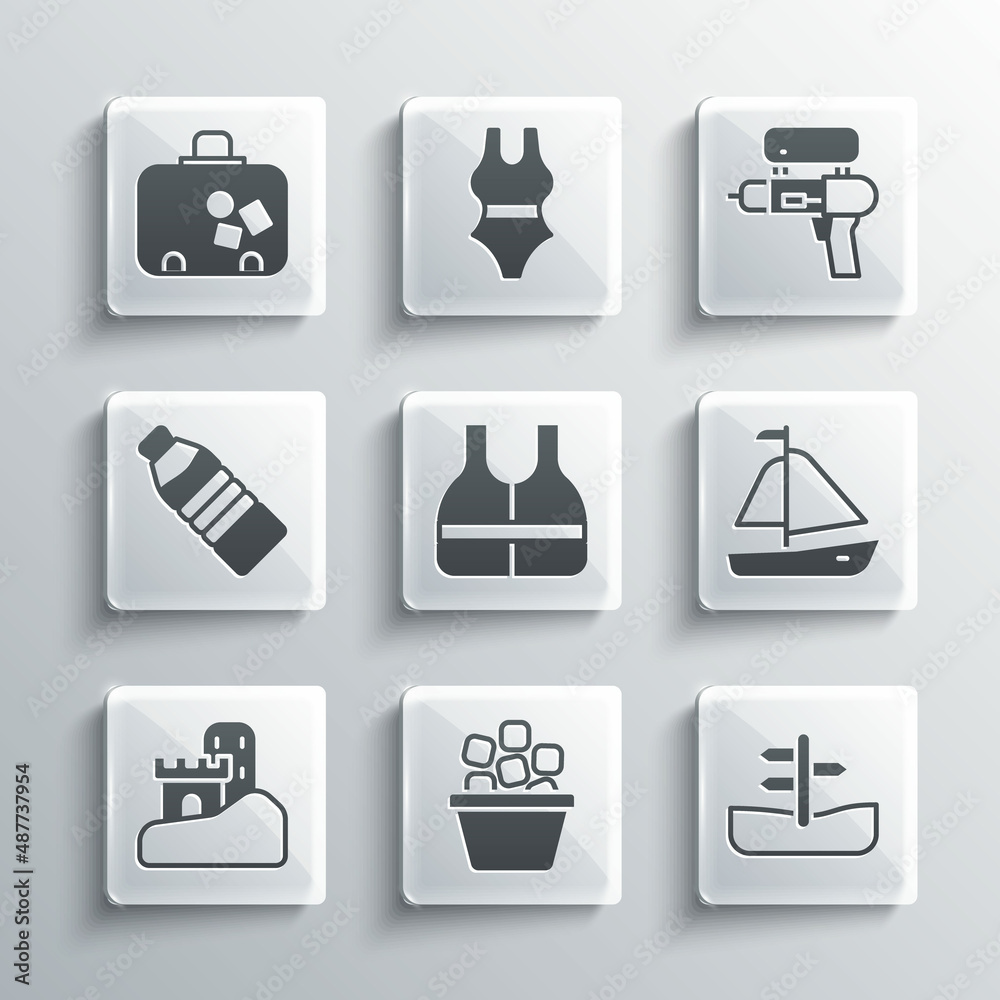 Set Ice bucket, Road traffic sign, Yacht sailboat, Life jacket, Sand castle, Bottle of water, Suitcase and Water gun icon. Vector Set Ice bucket, Road traffic sign, Yacht sailboat, Life jacket, Sand castle, Bottle of water, Suitcase and Water gun icon. Vector