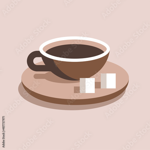 Cup of tea or coffee with plate and two pieces of sugar. Flat simple vector illustration
