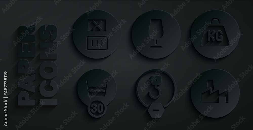 Set Industrial hook, Weight, Temperature wash, Factory production, Fragile broken glass and icon. Vector Set Industrial hook, Weight, Temperature wash, Factory production, Fragile broken glass and icon. Vector