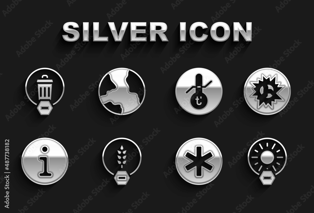 Set Gluten free grain, Bomb explosion, No direct sunlight, Medical symbol of the Emergency, Information, Meteorology thermometer, Trash can and Worldwide icon. Vector Set Gluten free grain, Bomb explosion, No direct sunlight, Medical symbol of the Emergency, Information, Meteorology thermometer, Trash can and Worldwide icon. Vector