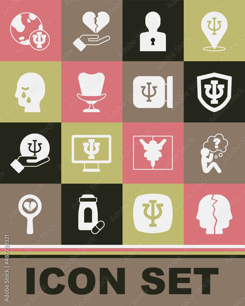 Set Bipolar disorder, Head with question mark, Psychology, Psi, Solution to the problem, Armchair, Man graves funeral sorrow, and icon. Vector Set Bipolar disorder, Head with question mark, Psychology, Psi, Solution to the problem, Armchair, Man graves funeral sorrow, and icon. Vector