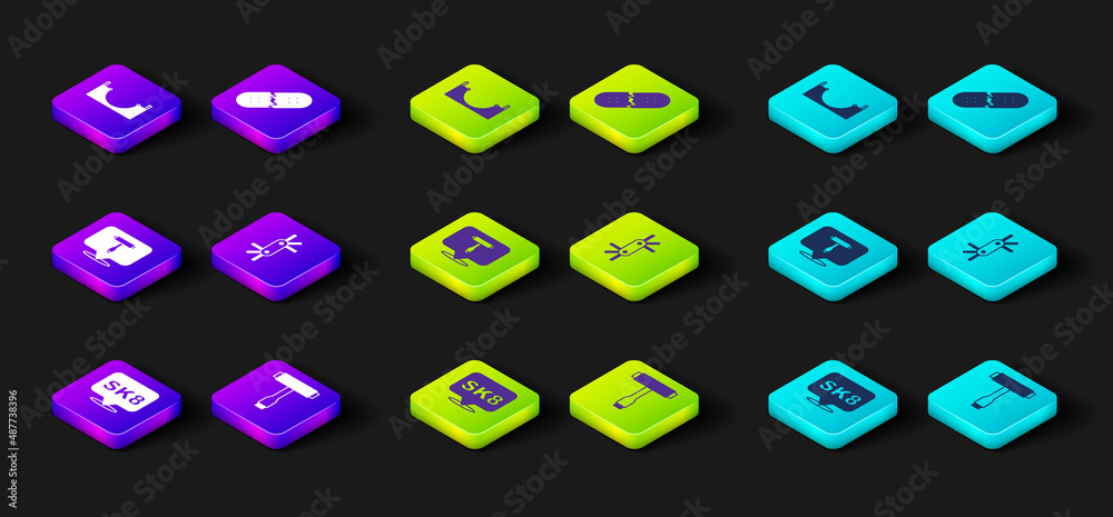 Set Skateboard, T tool, Tool allen keys, Broken skateboard deck and park icon. Vector Set Skateboard, T tool, Tool allen keys, Broken skateboard deck and park icon. Vector