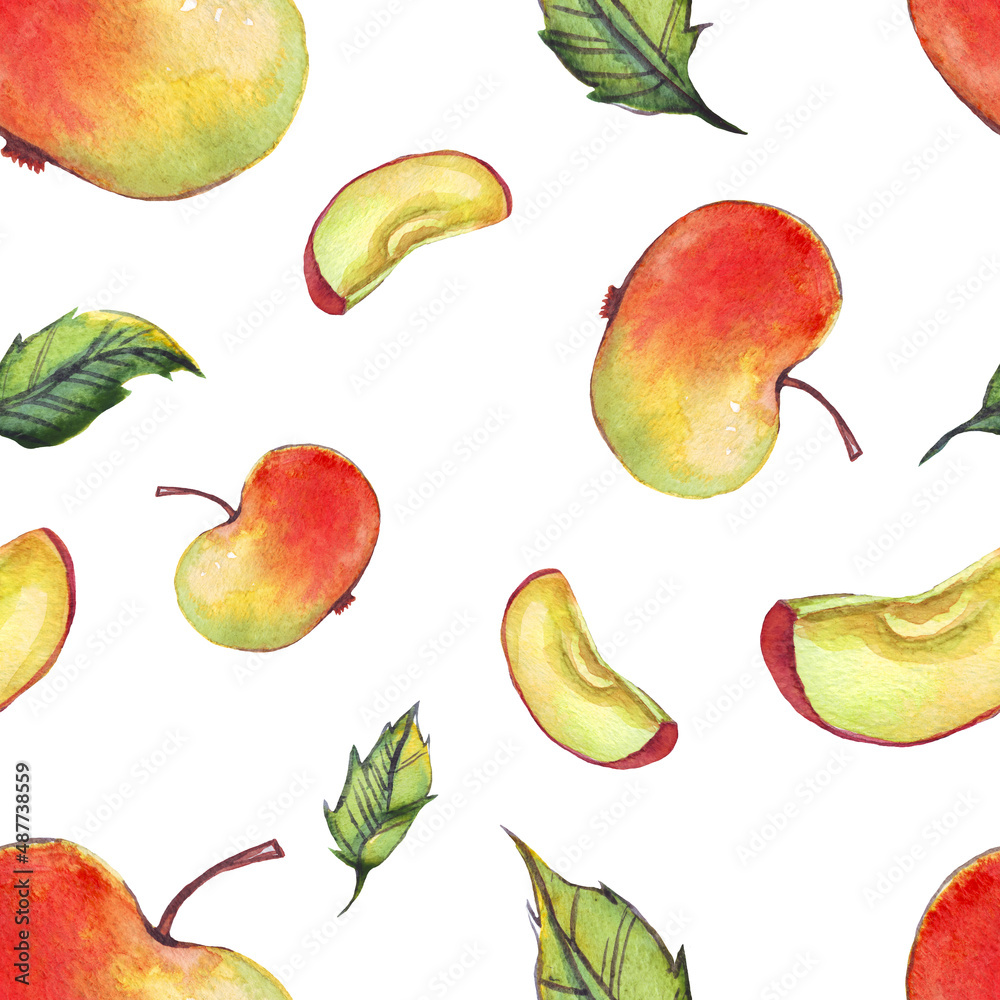 Watercolor apples. Seamless pattern. Hand painted 