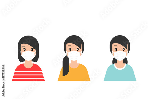 girls with medical mask avatars set. cute women. person character. Quarantine avatars set. Mouth guard, virus protection, toxic air respirator.