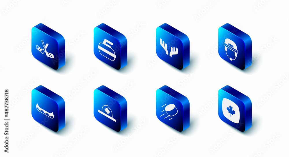 Set Stone for curling, Deer antlers, Hockey helmet, Canadian maple leaf, puck, ranger hat, Kayak and Ice hockey sticks icon. Vector Set Stone for curling, Deer antlers, Hockey helmet, Canadian maple leaf, puck, ranger hat, Kayak and Ice hockey sticks icon. Vector