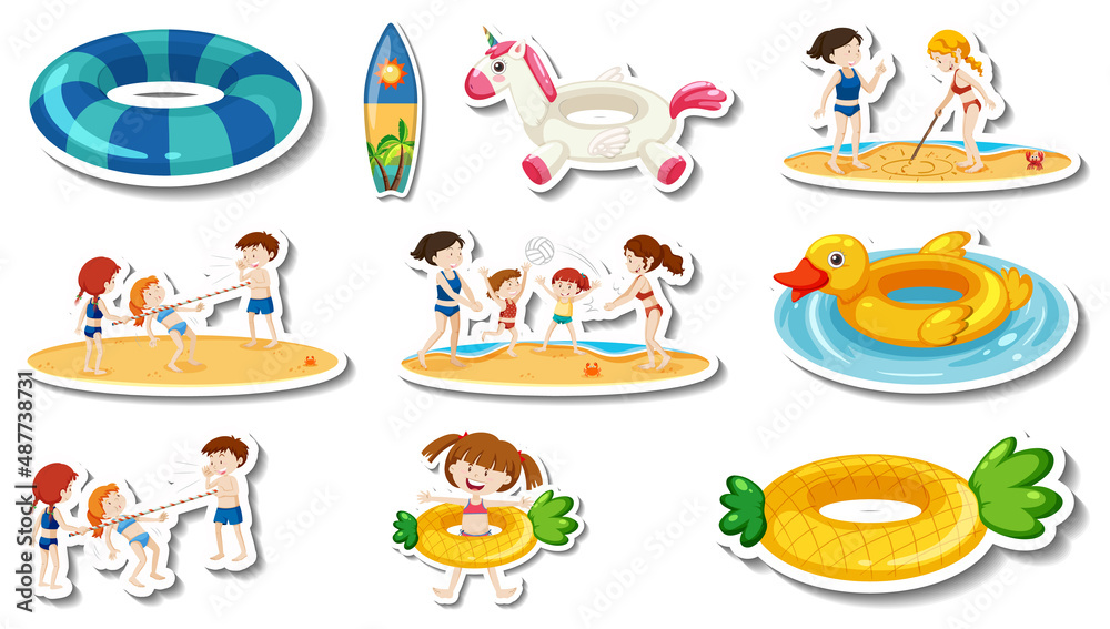 Set of summer beach items and children