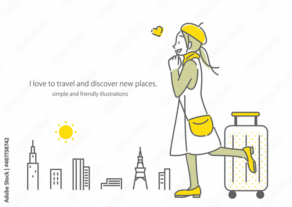 憧れの海外旅行で感激する若い女性 モダンな都市 シンプルでお洒落な線画イラスト Stock Vector Adobe Stock