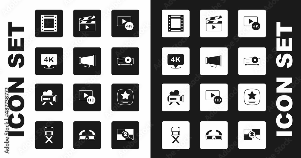 Set Screen tv with 4k, Megaphone, Ultra HD, Play video, Movie, film, media projector, clapper, Walk of fame star and Retro cinema camera icon. Vector Set Screen tv with 4k, Megaphone, Ultra HD, Play video, Movie, film, media projector, clapper, Walk of fame star and Retro cinema camera icon. Vector