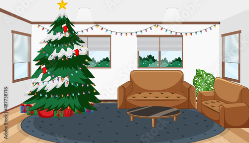 Empty living room with a Christmas tree