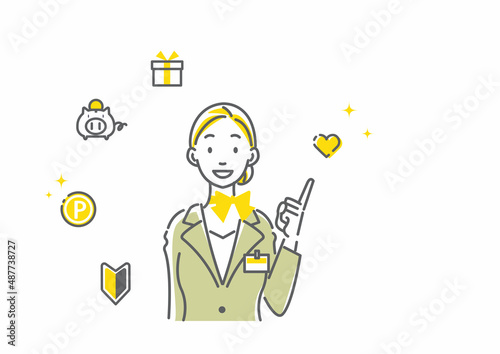 笑顔で案内する女性スタッフ　シンプルでお洒落な線画イラスト