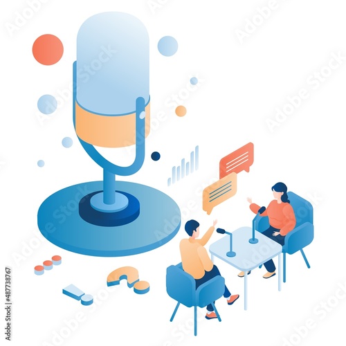 People recording talk podcast in studio, vector isometric illustration. Interview, live talk, radio program. Podcasting.