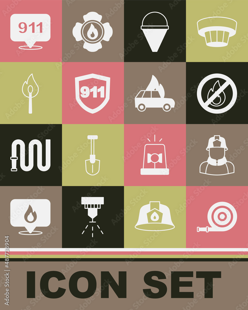 Set Fire hose reel, Firefighter, No fire, cone bucket, Emergency call 911, Burning match with, and car icon. Vector Set Fire hose reel, Firefighter, No fire, cone bucket, Emergency call 911, Burning match with, and car icon. Vector