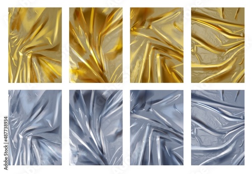 Realistic texture of crumpled silver and golden foil sheets. 3d shiny aluminum and gold material with folds. Luxury background vector set