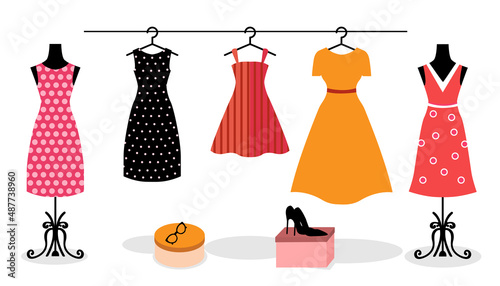 Vector illustration beautiful mannequin fashion with retro dresses, shoes and glasses on white background. Promotion template design clothing store and beauty salon in cartoon style.