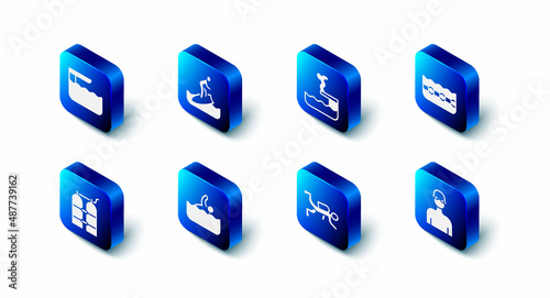 Set Surfboard, Swimmer diving into pool, Swimming, Scuba diver, Aqualung and Diving or springboard icon. Vector