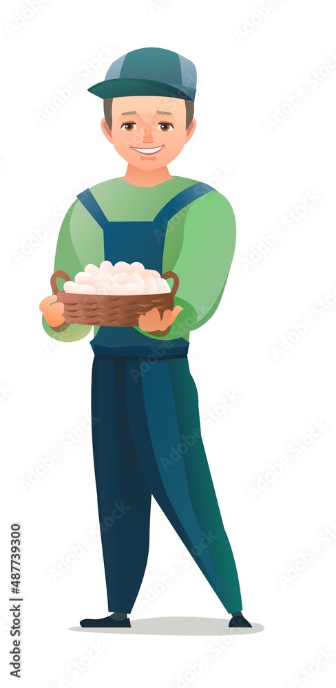 Little boy villager farmer in overalls. Teen is an agricultural worker. Cheerful person Standing pose. Cartoon comic style design. Single character. Illustration isolated on white background. Vector Little boy villager farmer in overalls. Teen is an agricultural worker. Cheerful person Standing pose. Cartoon comic style design. Single character. Illustration isolated on white background. Vector