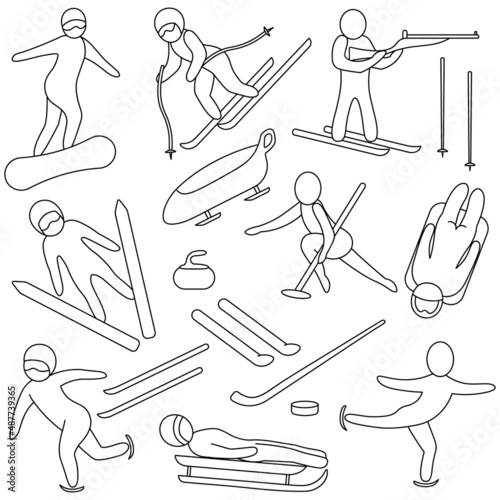 Winter sports. Set of vector illustrations. Doodle style. Collection of sports games. Coloring book for children. Alpine skiing, ski jumping, short track. Group of sports icons. 