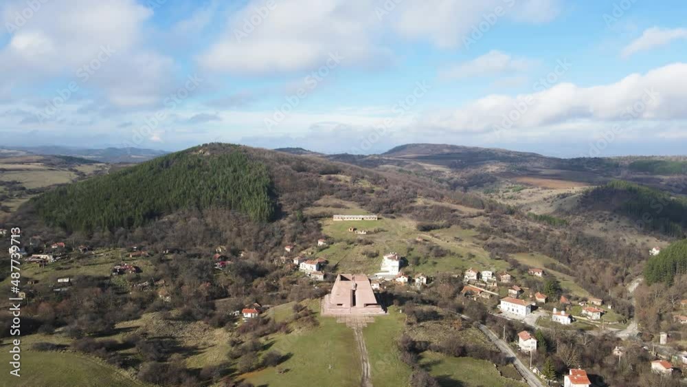 Aerial view of Pantheon Mother Bulgaria, dedicated to the fallen soldiers of the Serbo-Bulgarian War of 1885, Gurgulyat village, Bulgaria