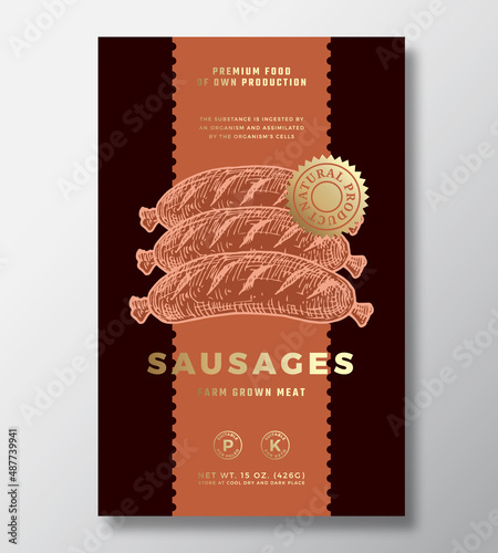 Farm Grown Meat Abstract Vector Packaging Label Design Template. Modern Typography Banner, Hand Drawn Sausages Sketch Silhouette. Color Paper Background Layout with Gold Foil Isolated