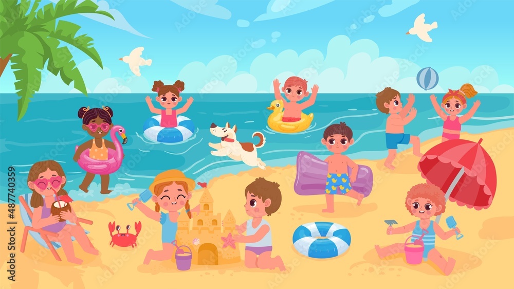 Summer beach landscape with kids swimming and playing with ball. Children in sea on rubber rings. Cartoon seaside vacation vector concept Summer beach landscape with kids swimming and playing with ball. Children in sea on rubber rings. Cartoon seaside vacation vector concept