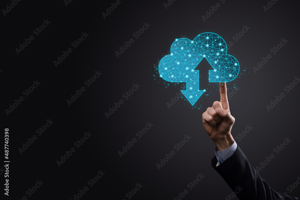 Man hold Cloud icon technology. Polygonal wireframe cloud storage sign with two arrows up and down. Cloud computing, big data center, future infrastructure, digital ai concept. Virtual hosting symbol Man hold Cloud icon technology. Polygonal wireframe cloud storage sign with two arrows up and down. Cloud computing, big data center, future infrastructure, digital ai concept. Virtual hosting symbol