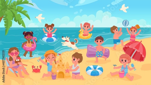 Summer beach landscape with kids swimming and playing with ball. Children in sea on rubber rings. Cartoon seaside vacation vector concept