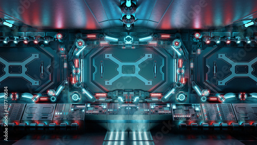 Fototapeta Naklejka Na Ścianę i Meble -  Dark spaceship interior with glowing control panels. Futuristic space station background with blue and red neon lights. 3d rendering