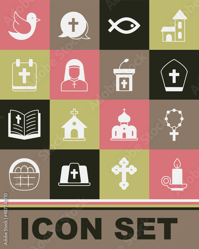 Set Burning candle in candlestick, Rosary beads religion, Pope hat, Christian fish symbol, Nun, Calendar with Easter, Dove and Church sermon tribune icon. Vector