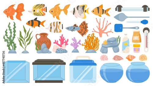 Cartoon aquarium fish, food, decoration, tank, tools and equipment. Underwater seaweeds, corals and seashells. Aquarium accessory vector set photo