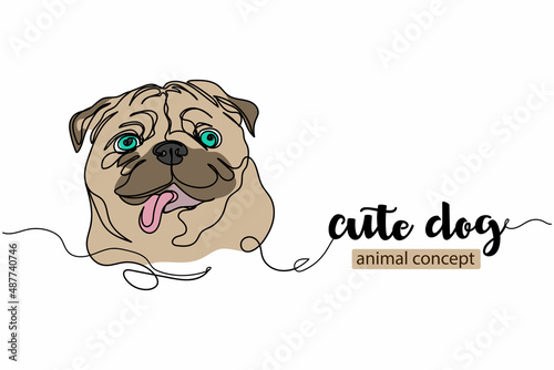 Vector abstract continuous one single simple line drawing icon of   funny little pug dog face head in silhouette sketch. Perfect for greeting cards