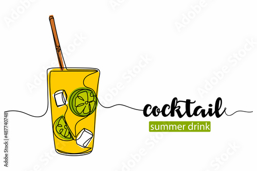 Vector abstract continuous one single simple line drawing icon of fresh cold cocktail in silhouette sketch.