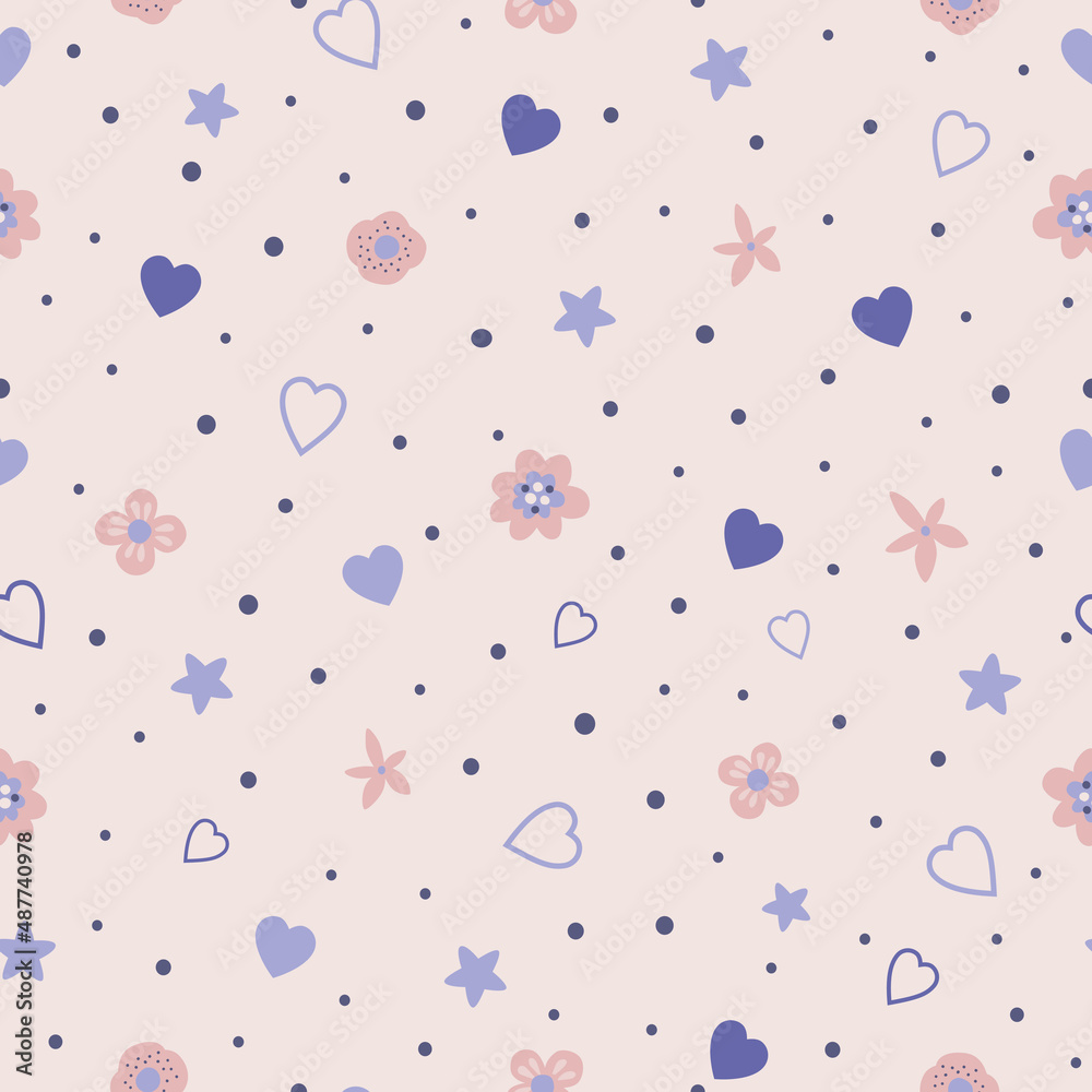 Pink and very peri floral pattern with hearts. Cute tiny flowers, polka dot elements in summer floral seamless background. Hand drawn vector illustration. Pink and very peri floral pattern with hearts. Cute tiny flowers, polka dot elements in summer floral seamless background. Hand drawn vector illustration.