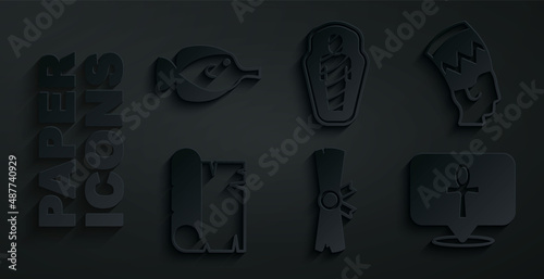 Set Papyrus scroll, Nefertiti, Cross ankh, Egypt mummy in sarcophagus and Butterfly fish icon. Vector