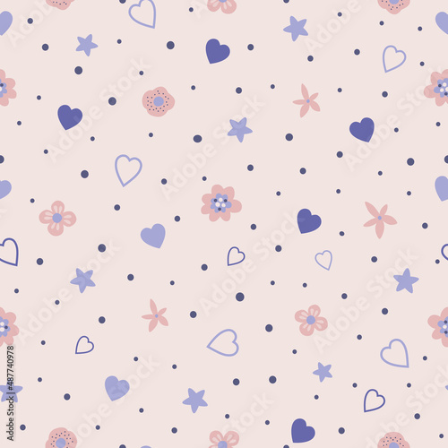 Pink and very peri floral pattern with hearts. Cute tiny flowers, polka dot elements in summer floral seamless background. Hand drawn vector illustration.