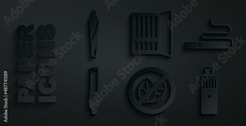 Set No tobacco leaf, Cigarette, Vape mod device, case and Marijuana joint, spliff icon. Vector