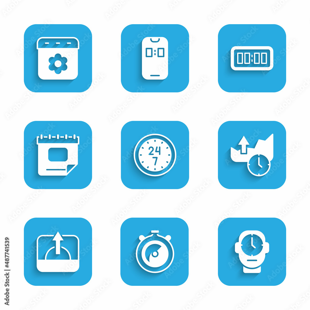 Set Clock 24 hours, Stopwatch, Stocks market growth graphs, Sunrise, Calendar, Digital alarm clock and spring icon. Vector Set Clock 24 hours, Stopwatch, Stocks market growth graphs, Sunrise, Calendar, Digital alarm clock and spring icon. Vector