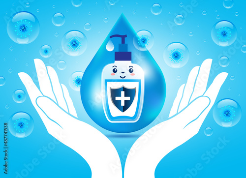 Hygienic shield alcohol gel prevent coronavirus. Hand sanitizer washing alcohol gel, Pump bottle. Vector illustration