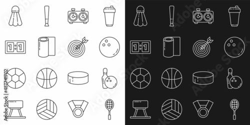 Set line Tennis racket, Bowling pin and ball, Time chess clock, Fitness mat roll, Sport mechanical scoreboard, Badminton shuttlecock and Target with arrow icon. Vector