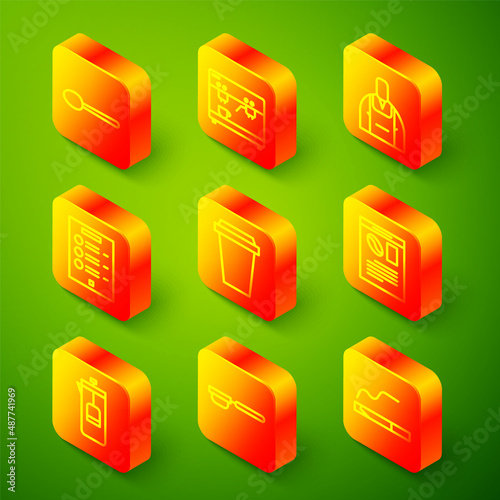 Set line Spoon, Coffee machine, Barista, menu, cup to go, Newspaper and coffee, French press and filter holder icon. Vector