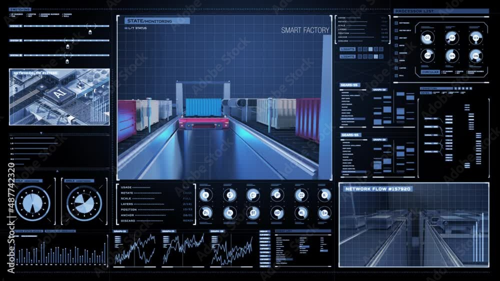 A shuttle for smart logistics automatically delivers logistics to each location on rails with user interface. 4k animation. A shuttle for smart logistics automatically delivers logistics to each location on rails with user interface. 4k animation.