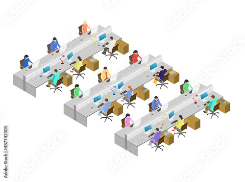 Fototapeta Naklejka Na Ścianę i Meble -  Office with people working on computers. Lots of people sit in chairs and work together. Isometric view. Flat style. Vector illustration
