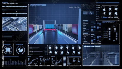 A shuttle for smart logistics automatically delivers logistics to each location on rails with user interface. 4k animation.