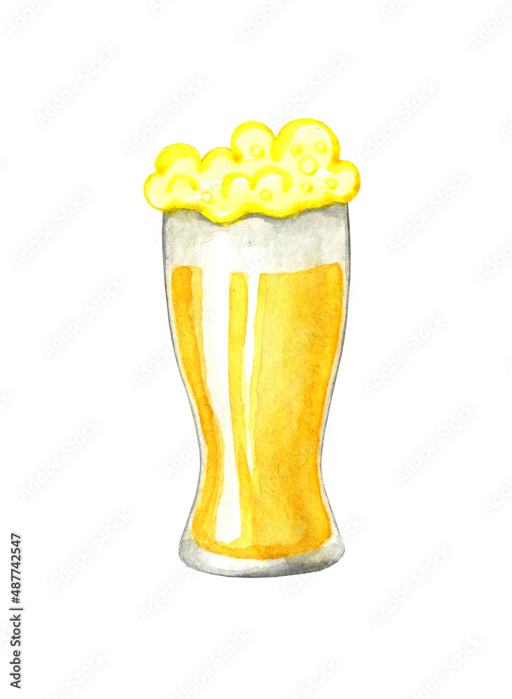 Watercolor glass of beer. Glass cup of foamy malt drink. Bar alcohol. Hand drawn illustration isolated on white background.